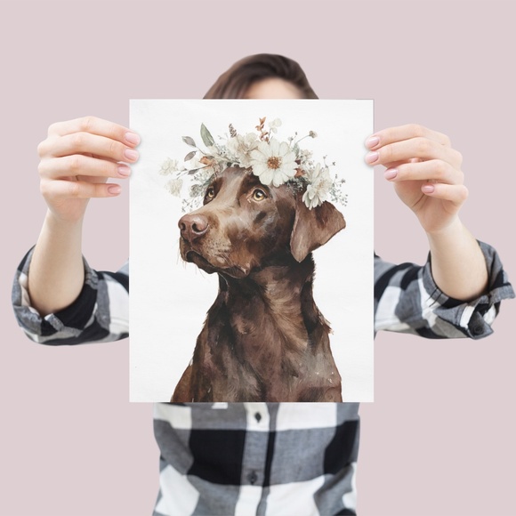 Watercolor Labrador Retriever with Flower Crown Portrait Wall Art Print Unframed - Picture 4 of 7